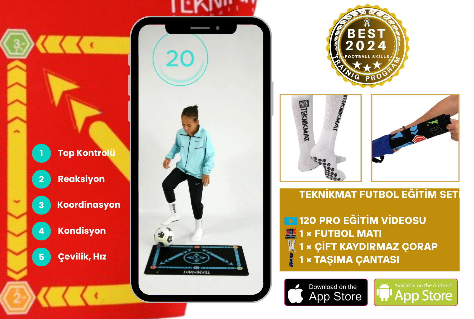 120 PRO FUTBOL ANTRENMAN VİDEO PAKETİ 2 | FUTBOL MATI VE KAYDIRMAZ ÇORAP HEDİYELİ | Sarı Kırmızı