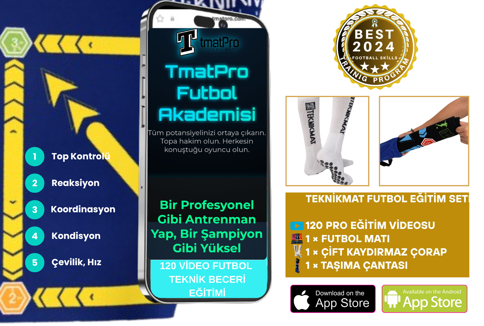 120 PRO FUTBOL ANTRENMAN VİDEO PAKETİ 2 | FUTBOL MATI VE KAYDIRMAZ ÇORAP HEDİYELİ | Sarı Lacivert