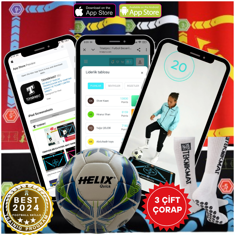 TEKNİKMAT 120 FUTBOL ANTRENMAN EĞİTİM PAKETİ 3  |  FUTBOL MATI VE 3 ÇİFT KAYDIRMAZ ÇORAP FUTBOL TOPU HEDİYELİ